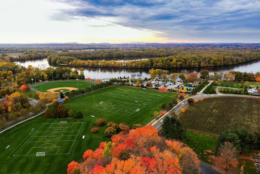 Aerial view of Glastonbury, Connecticut in Fall.